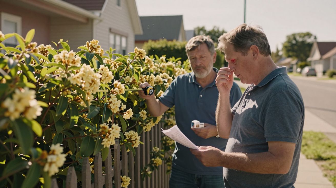 Dois homens de meia-idade verificam medições num jardim com arbustos floridos numa zona residencial.