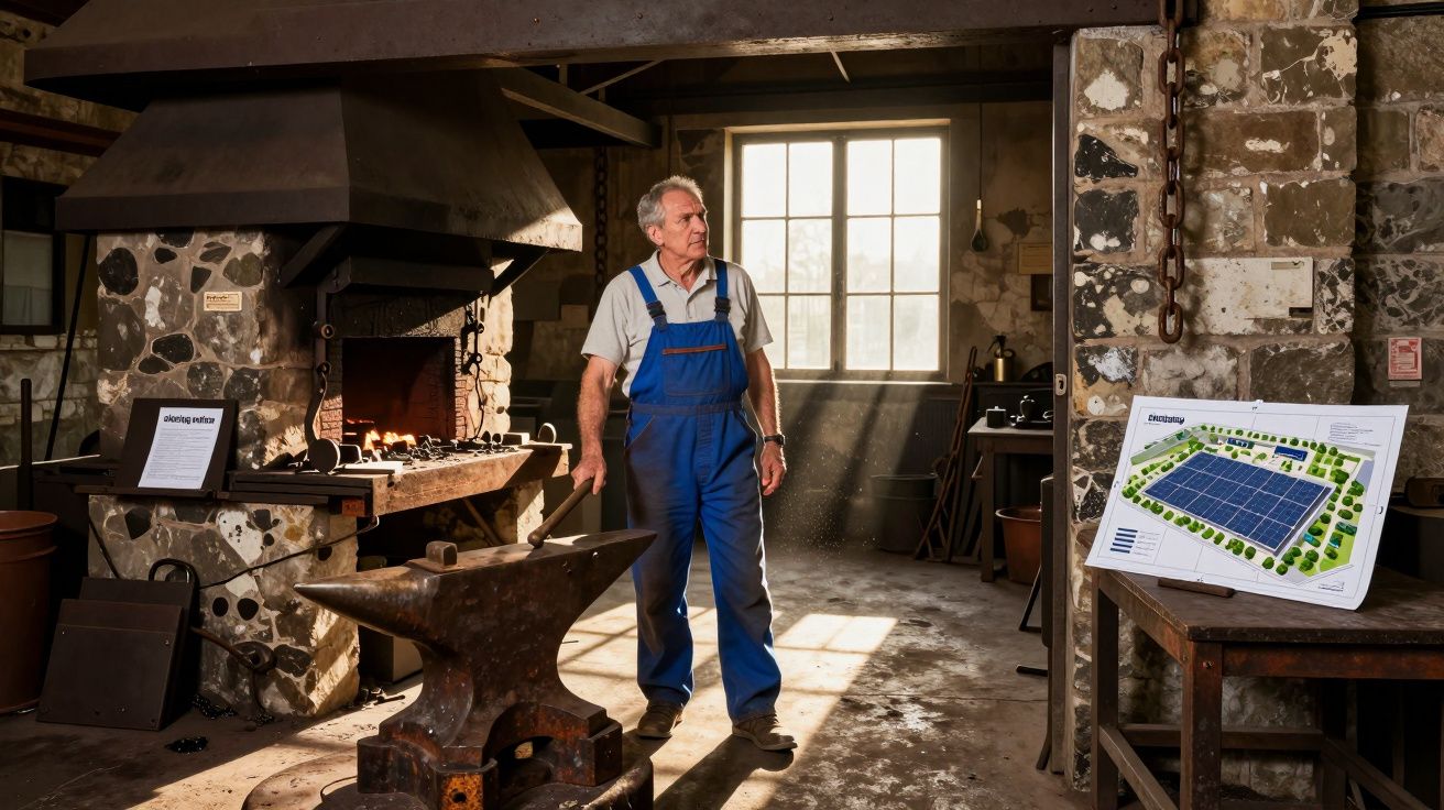 Soldador sénior numa oficina com forno e prancha de projetos à luz do dia.