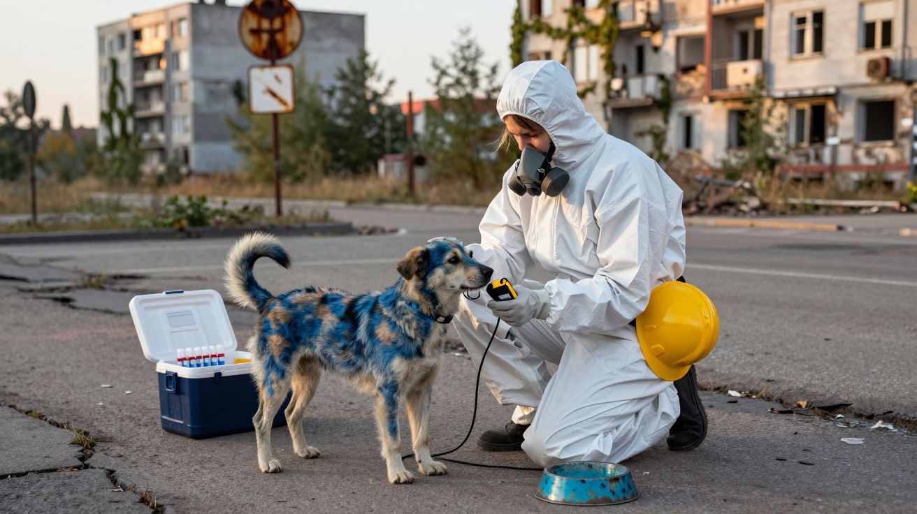 Pessoa com fato de proteção e máscara a examinar cão numa zona urbana danificada.