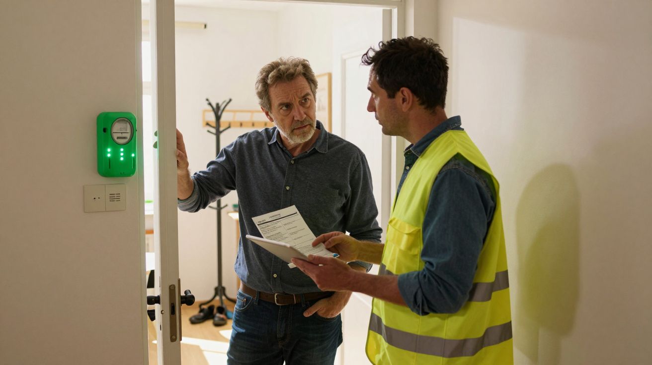 Homem com colete amarelo mostra documentos a outro homem junto a uma porta aberta numa casa.