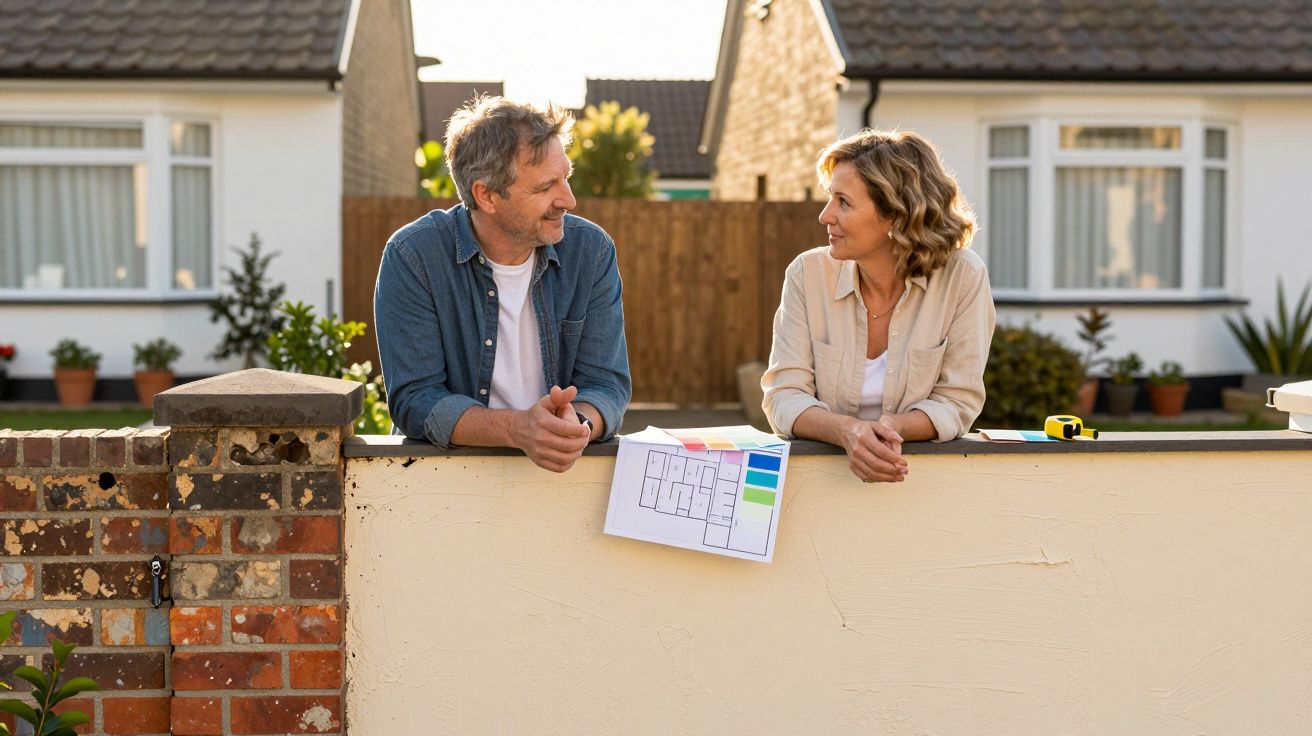 Casal de meia-idade conversa junto a muro, com papel de planta baixa e ferramenta de medição.