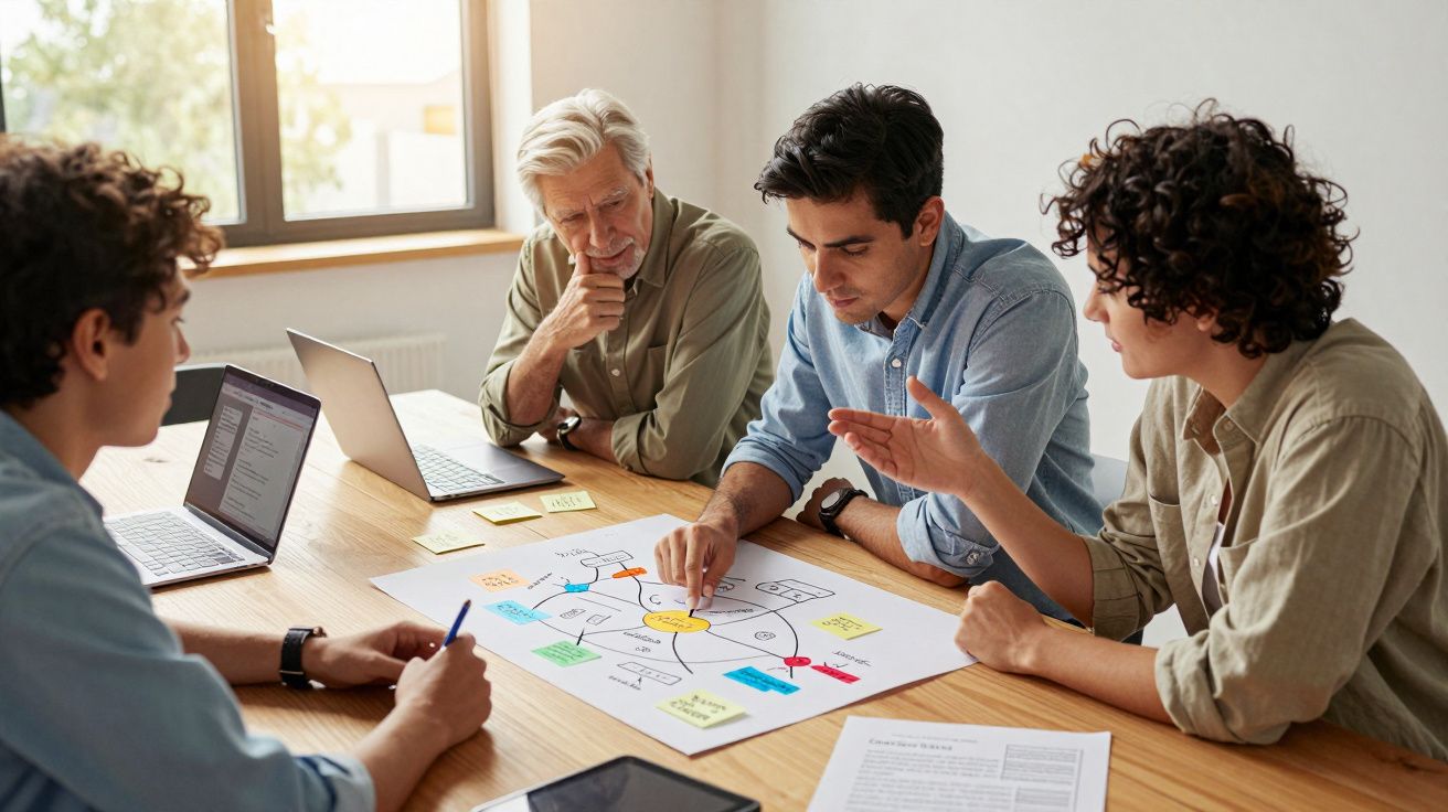Grupo de quatro pessoas reunidas à volta de uma mesa a discutir um projeto desenhado em papel.