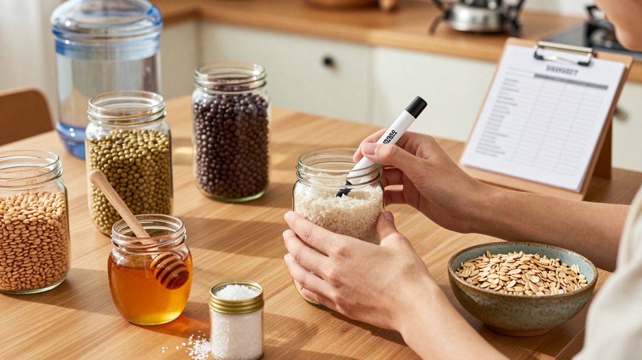 Pessoa a etiquetar um frasco com arroz, rodeada por diversos frascos de alimentos secos numa cozinha.