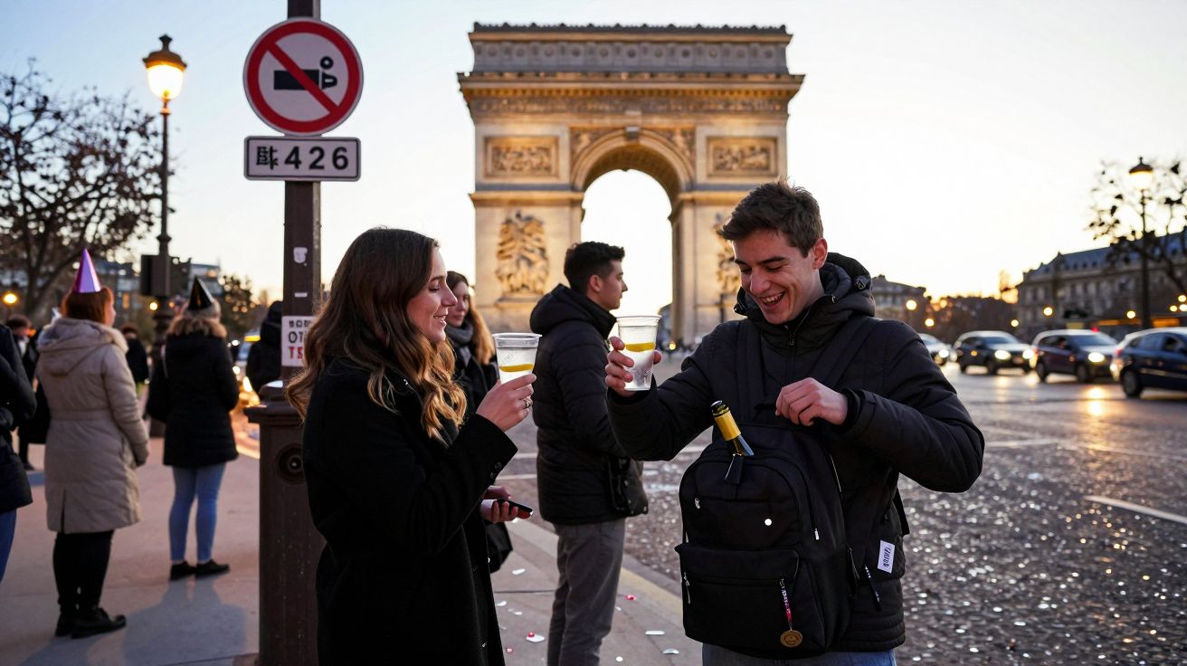 Jovens a celebrar com copos na mão junto ao Arco do Triunfo ao entardecer em Paris.