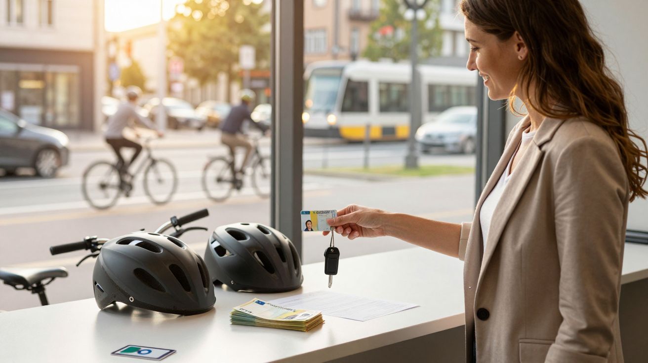 Mulher entrega carta de condução e chave numa loja de bicicletas com capacetes e dinheiro na mesa.