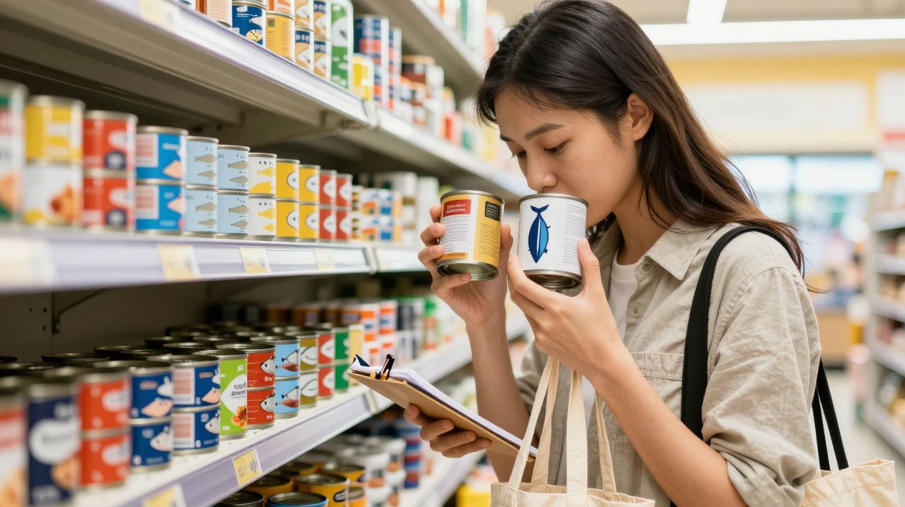 Mulher a cheirar latas de conserva na secção de supermercado, segurando lista de compras.