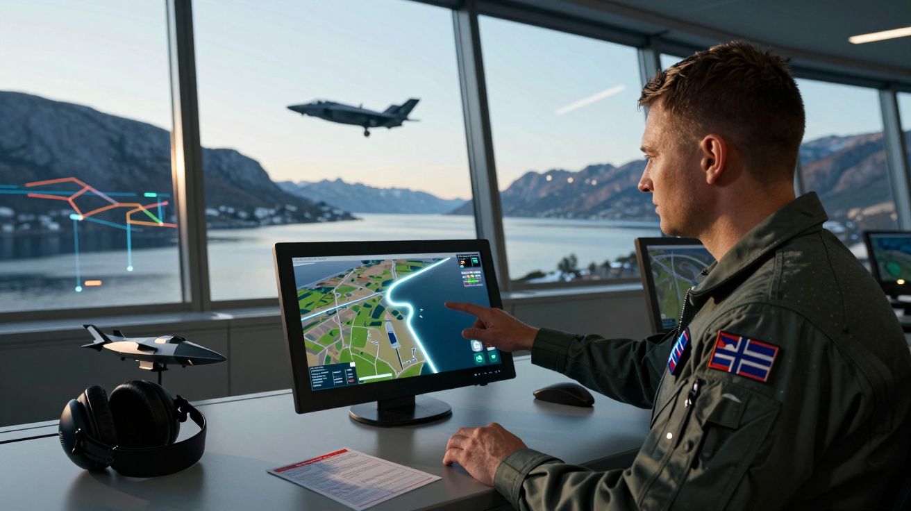 Homem em uniforme a controlar voo de avião numa torre com vista para montanhas e mar ao pôr do sol.