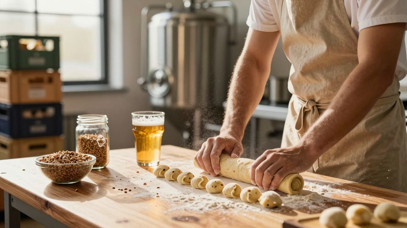 Pessoa a enrolar massa para pão com sementes numa mesa de madeira numa padaria artesanal.