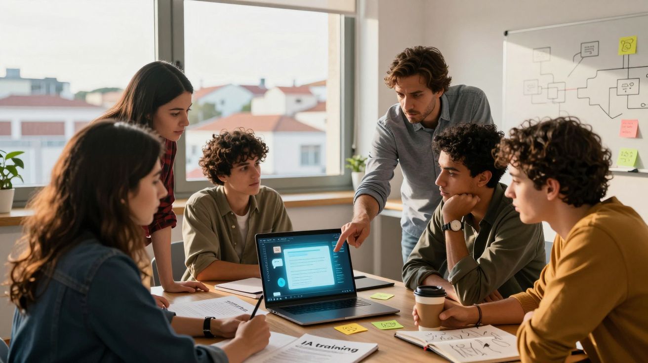 Grupo de jovens a discutir projeto junto a laptop numa sala de reuniões iluminada por janela.
