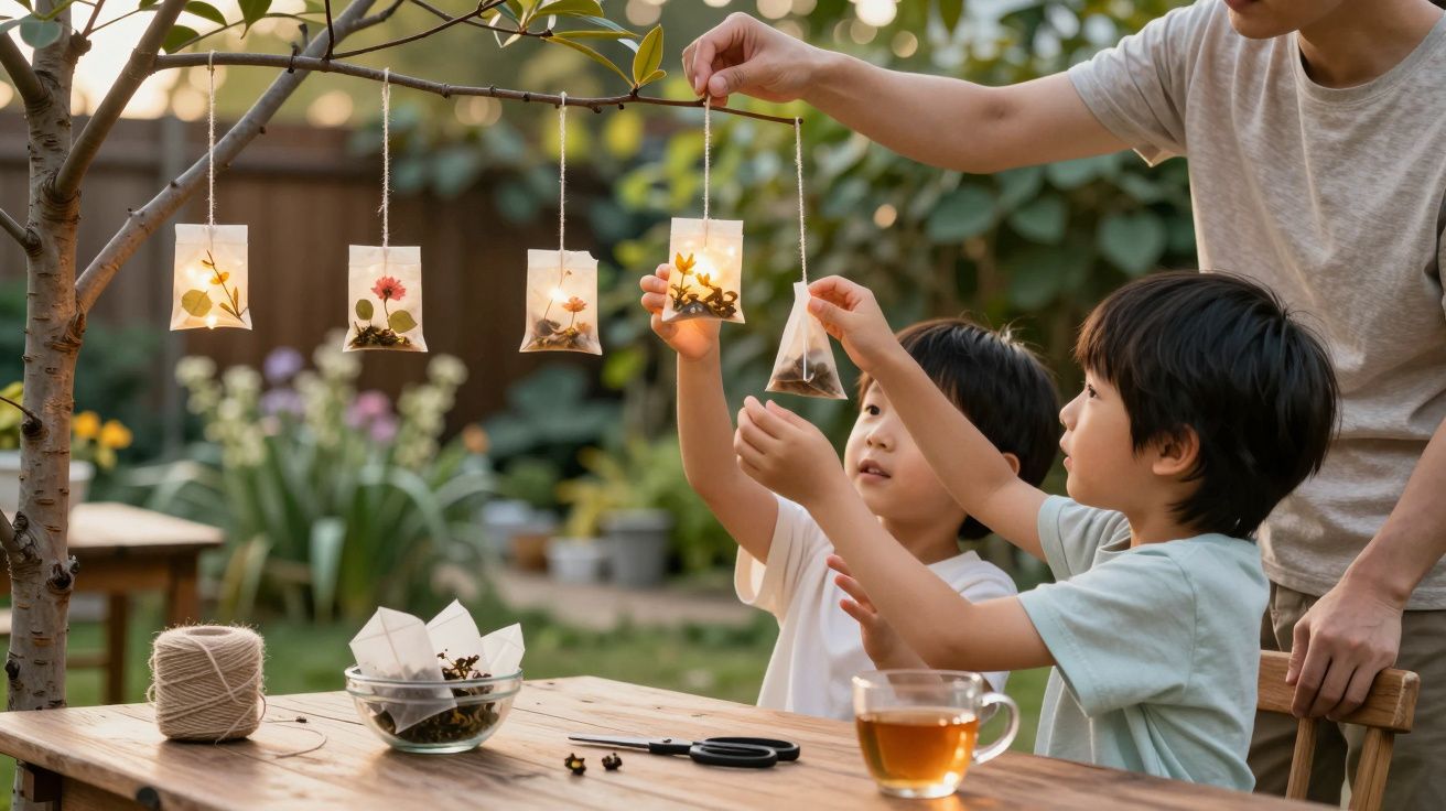 Duas crianças e um adulto penduram saquinhos decorativos com flores secas num galho de árvore num jardim.