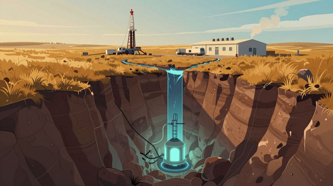 Representação gráfica de um sistema de captação e armazenamento de água subterrânea com torre e edifício na superfície.