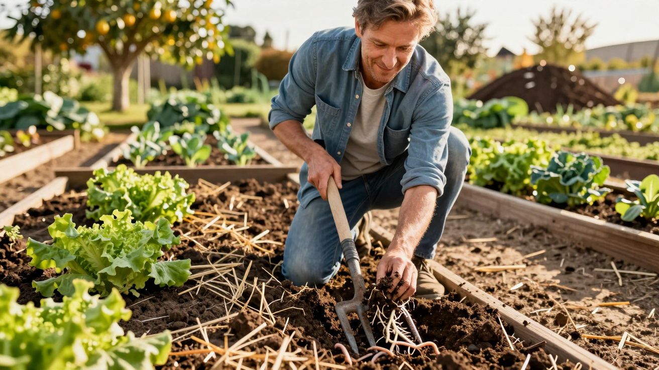 Homem a cultivar uma horta orgânica, utilizando um garfo para preparar o solo entre canteiros de alface.