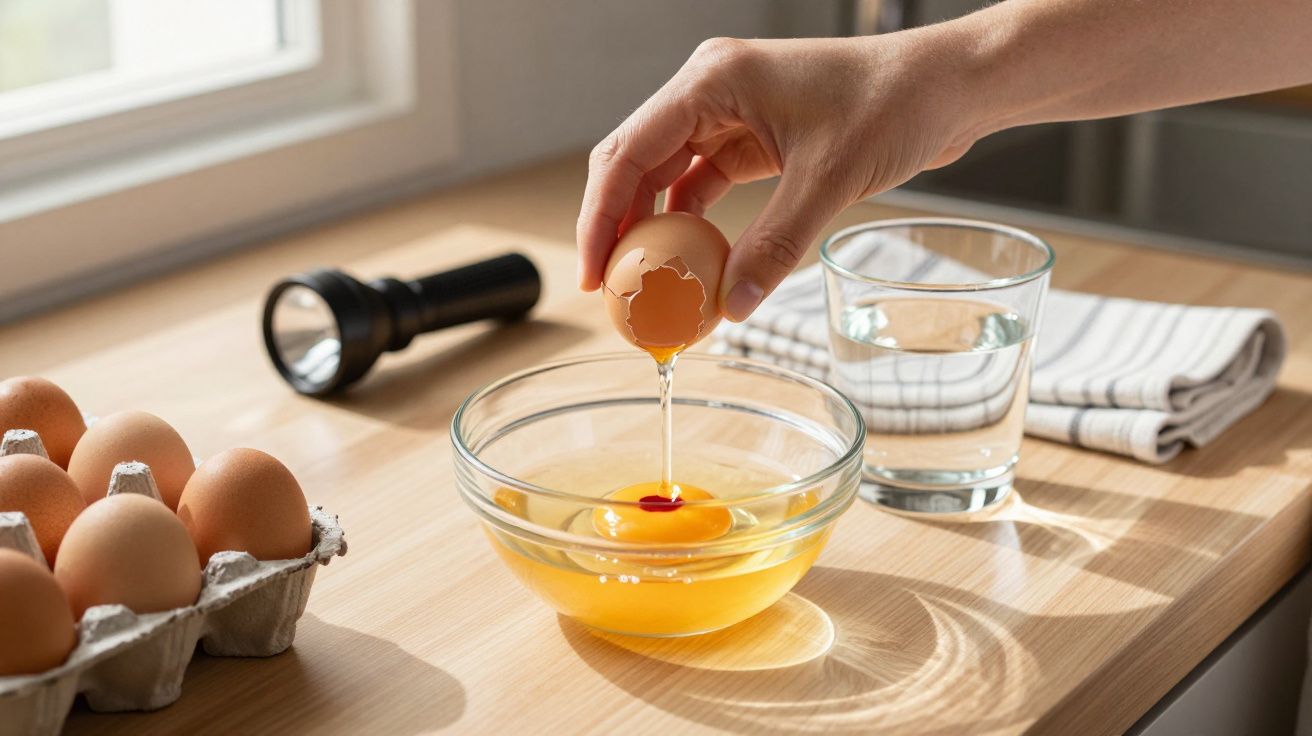 Mão a partir um ovo numa taça de vidro com ovos, um copo de água e uma lanterna numa mesa de madeira.