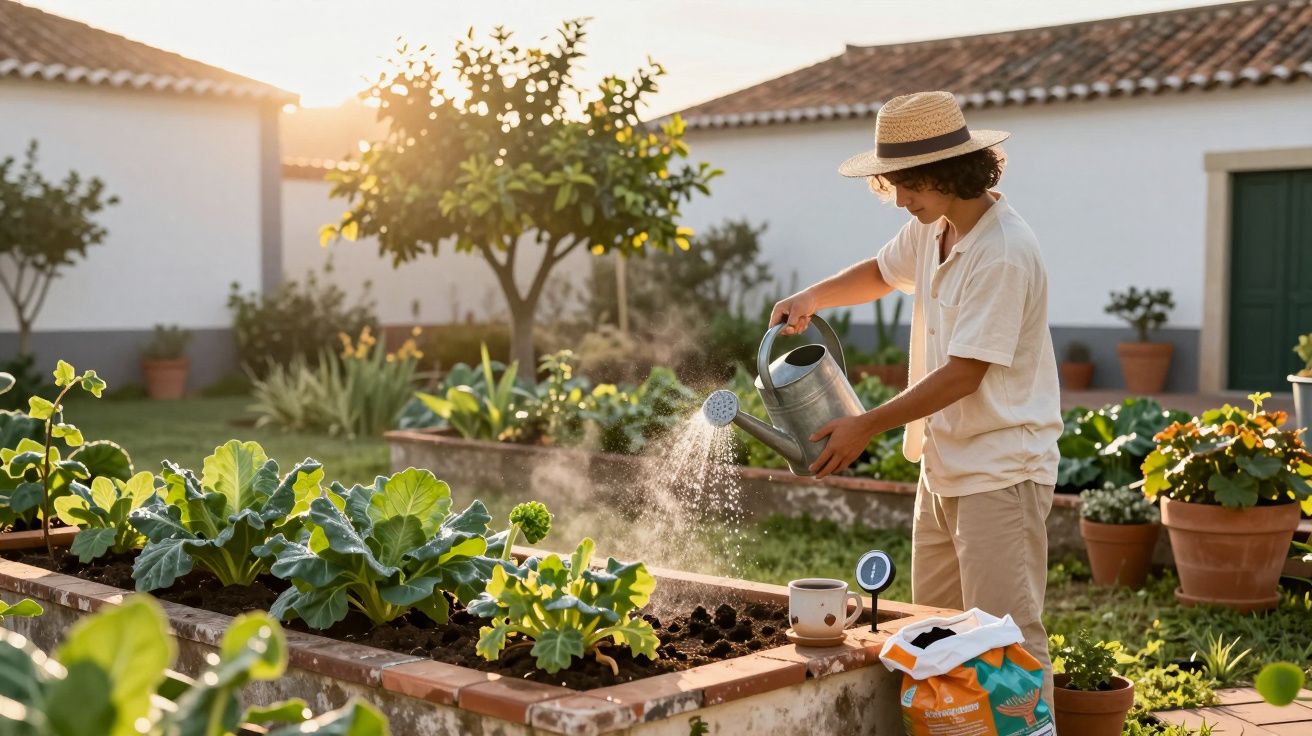 Jovem a regar plantas num jardim com canteiros elevados ao pôr do sol, vestindo chapéu e roupa clara.