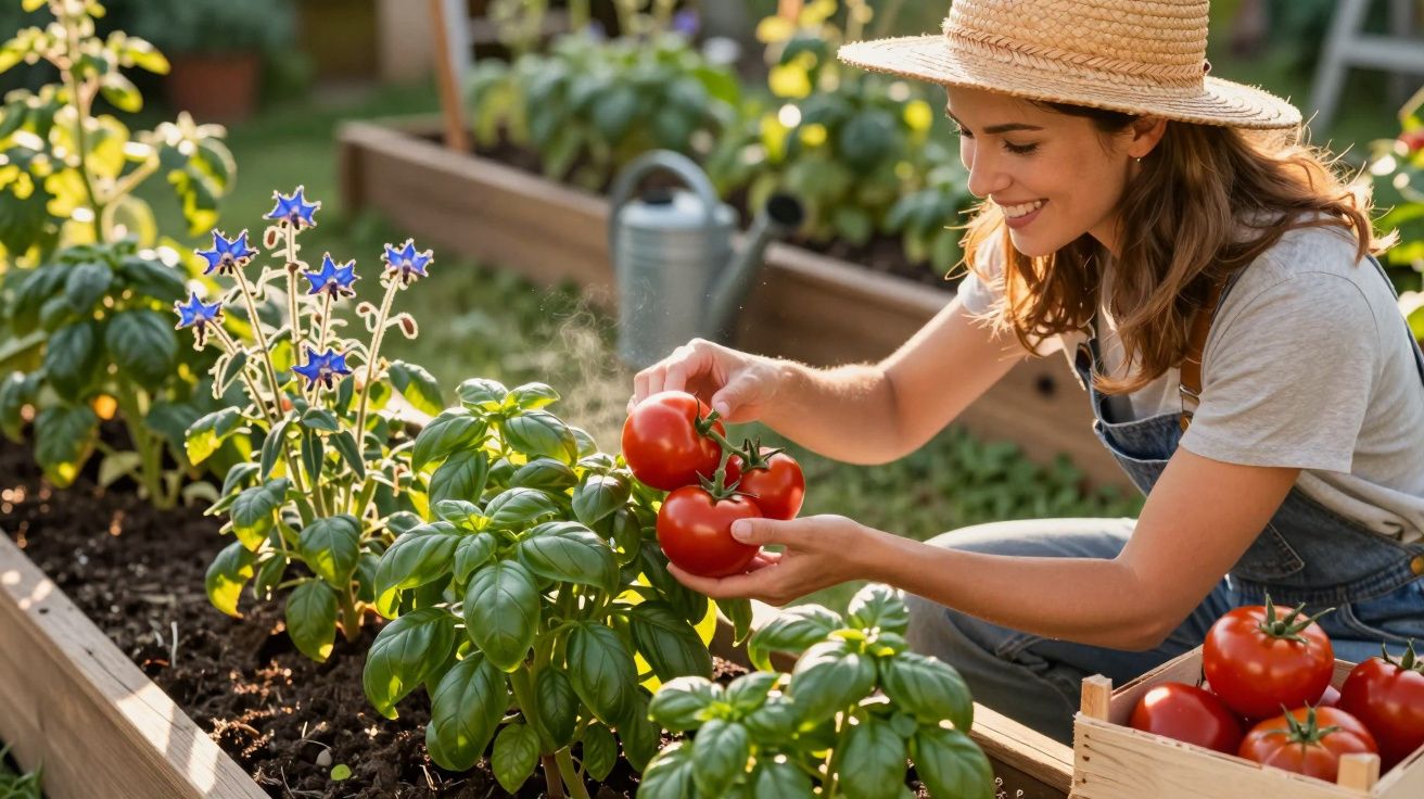 Mulher com chapéu colhe tomates num jardim com plantas e flores em canteiros de madeira.