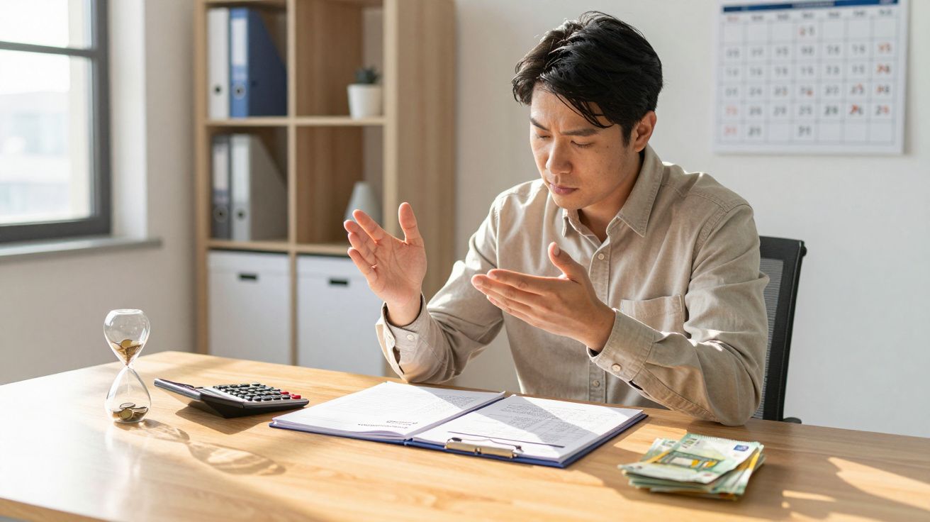 Homem sentado a analisar documentos com calculadora, maço de dinheiro e ampulheta numa mesa de madeira.