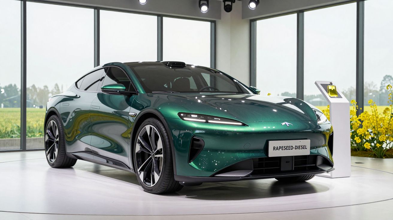 Carro elétrico desportivo verde exibido num showroom moderno com grandes janelas e flores amarelas ao fundo.