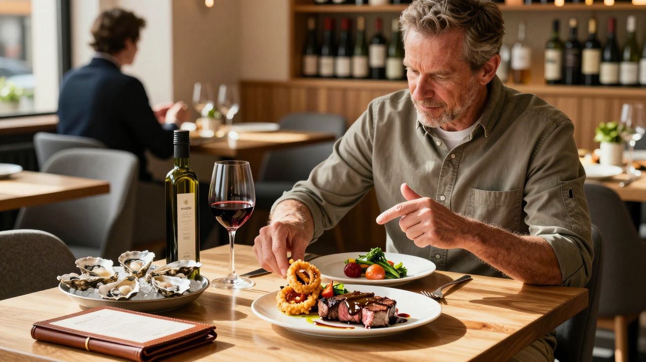 Homem sentado num restaurante a preparar um prato com carne, vinho tinto e ostras na mesa.