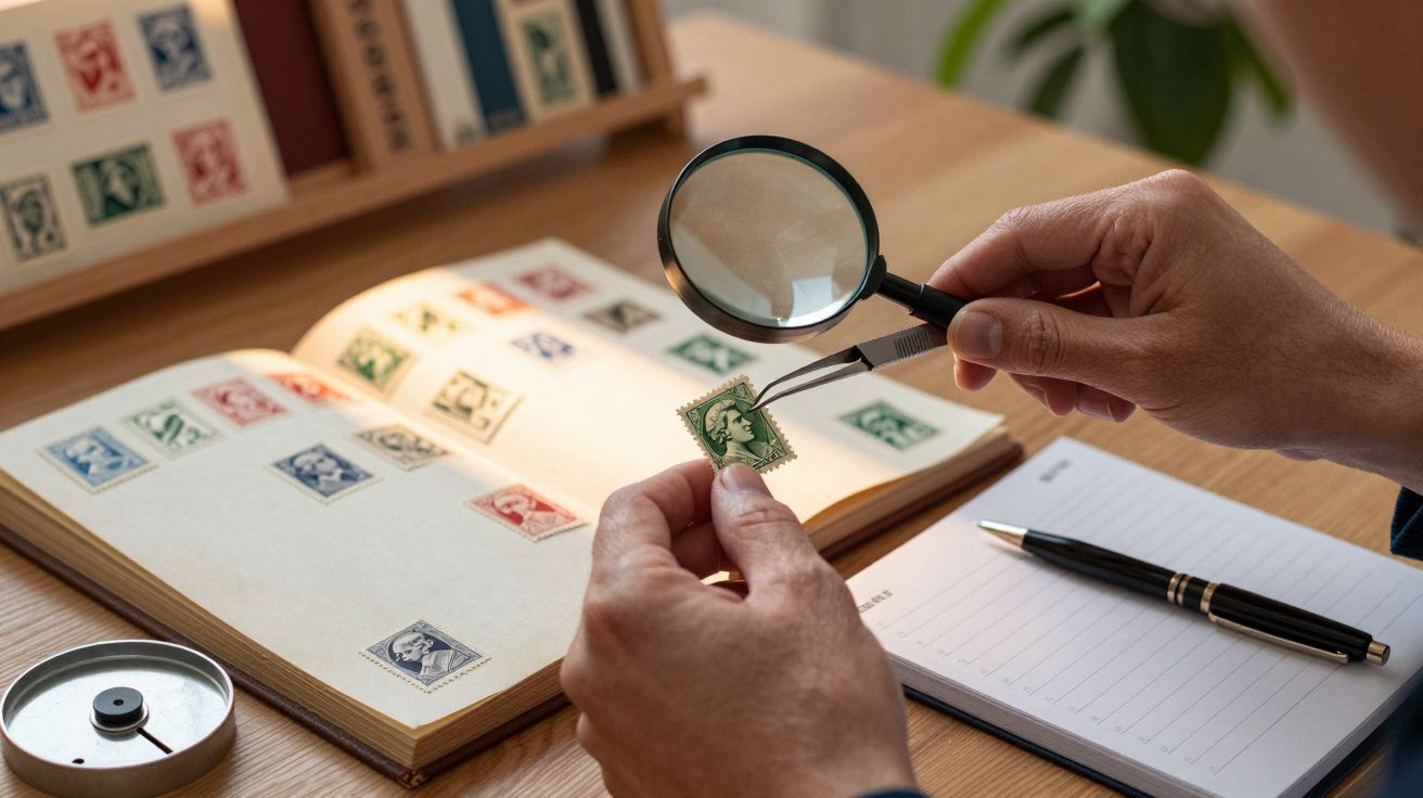 Pessoa a observar selo verde com lupa e pinça, com álbum de selos aberto sobre mesa de madeira.