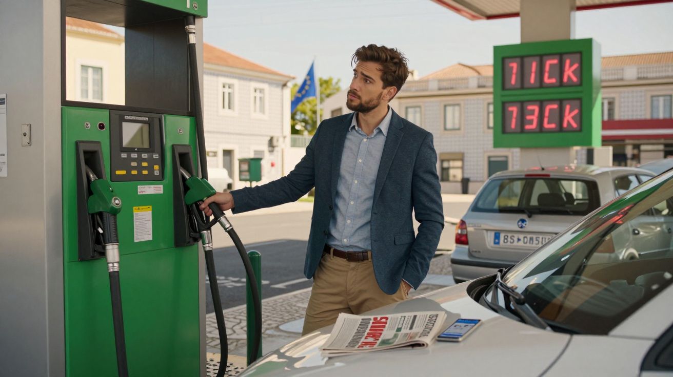 Homem a abastecer carro numa bomba de gasolina numa estação de serviço, com jornais no capot do carro.