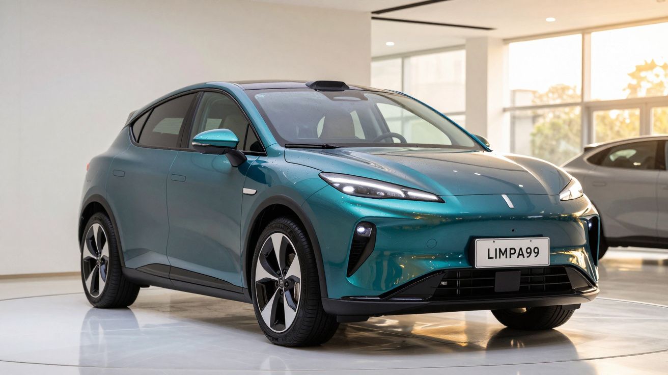 Carro elétrico moderno de cor azul-turquesa exibido em sala de exposição com luz natural.