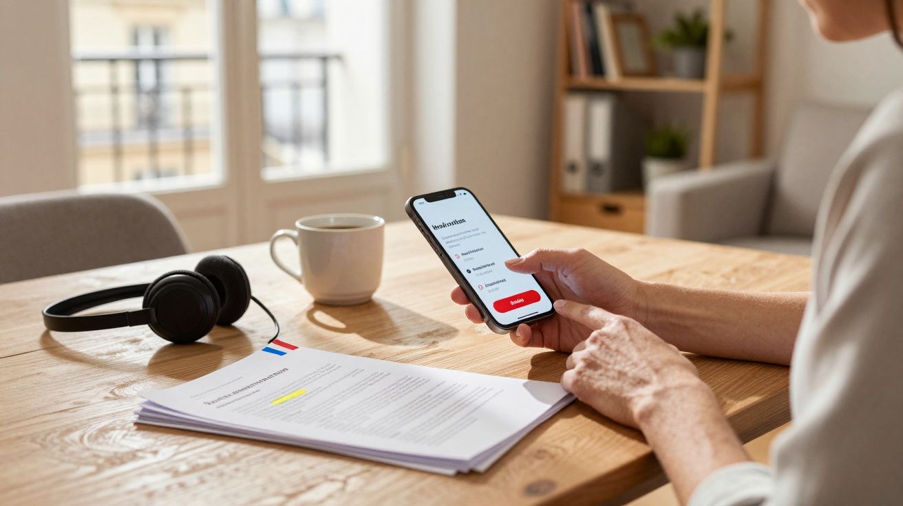 Pessoa a usar telemóvel com aplicação aberta, rodeada por documentos, auscultadores e chávena numa mesa de madeira.