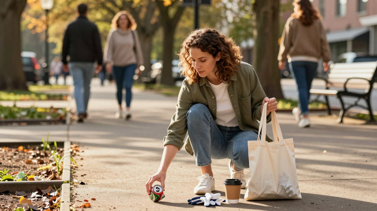 Mulher agachada recolhe lata de bebida no chão de parque com saco de tecido e luvas brancas ao lado.