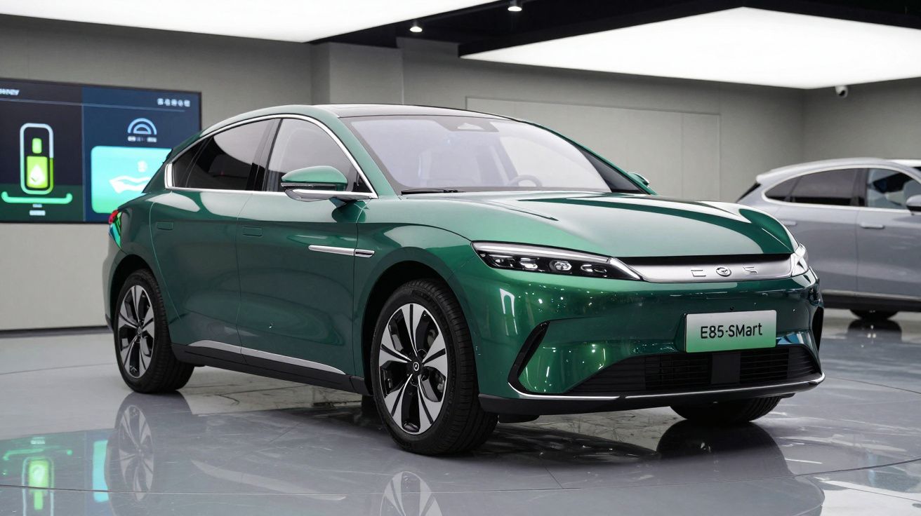 Automóvel elétrico verde modelo E85-SMart exibido numa sala de exposição moderna.