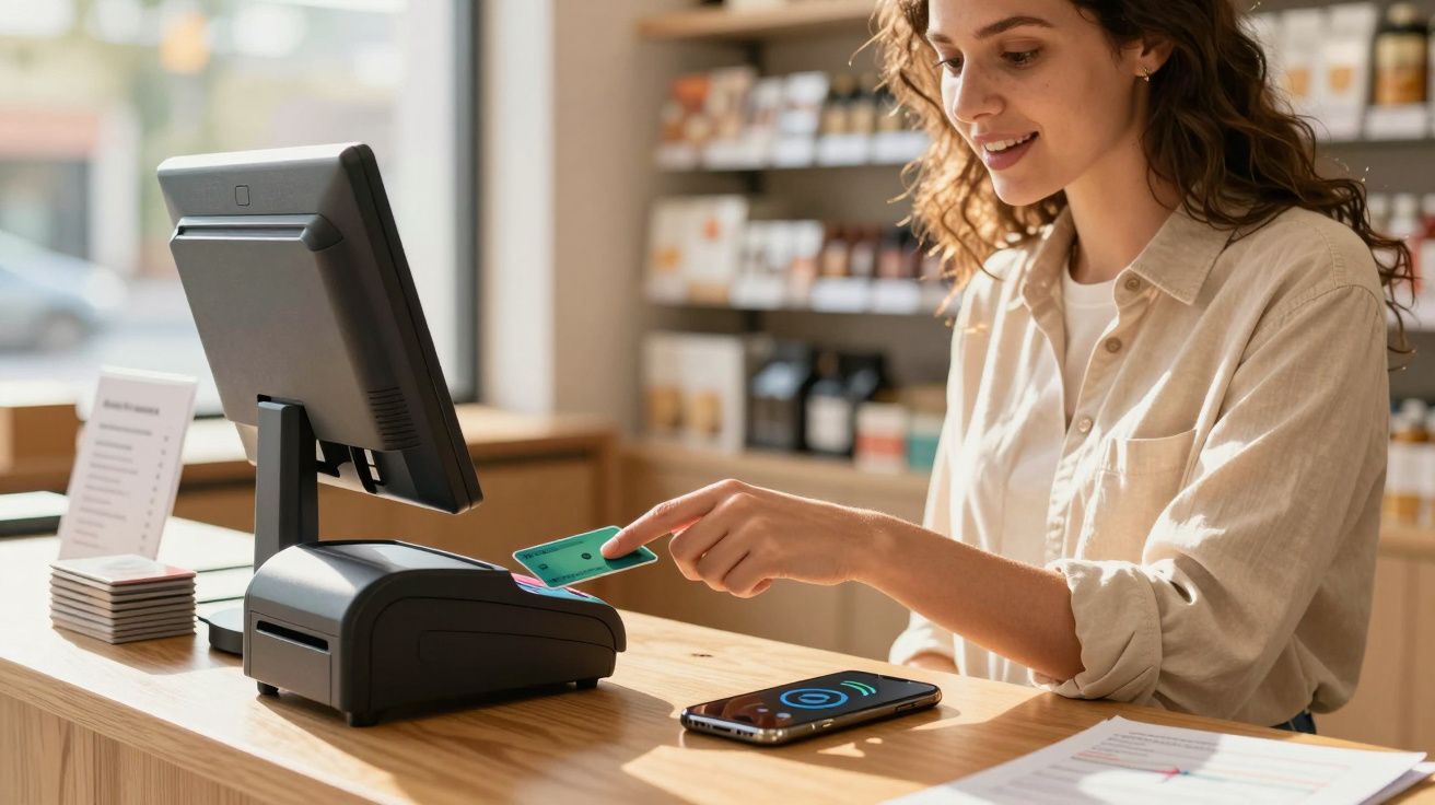 Mulher a fazer pagamento por aproximação com cartão numa loja com ambiente moderno e bem iluminado.