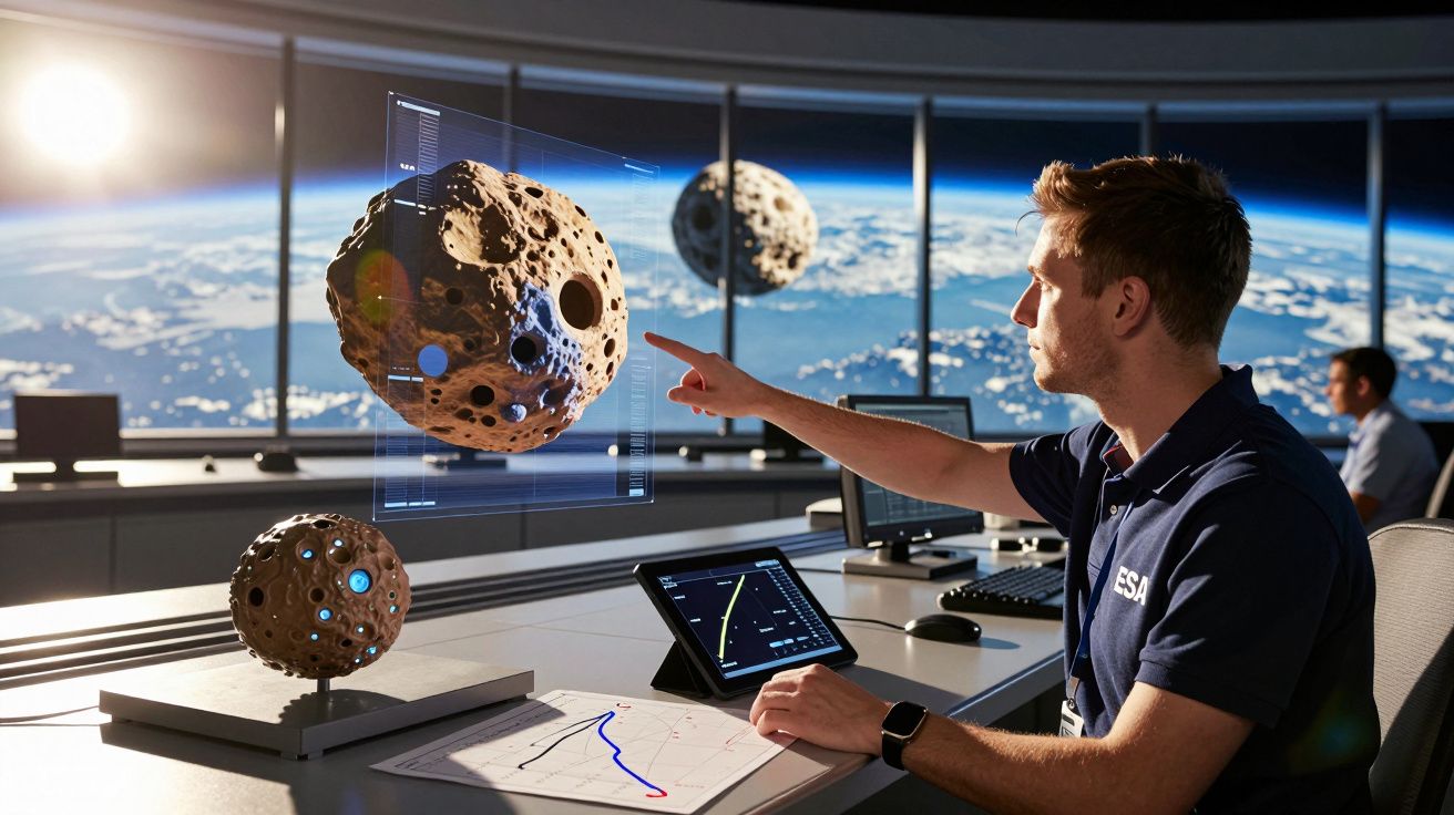 Homem numa sala de controlo a interagir com modelo digital e físico de asteróide, vista da Terra ao fundo.