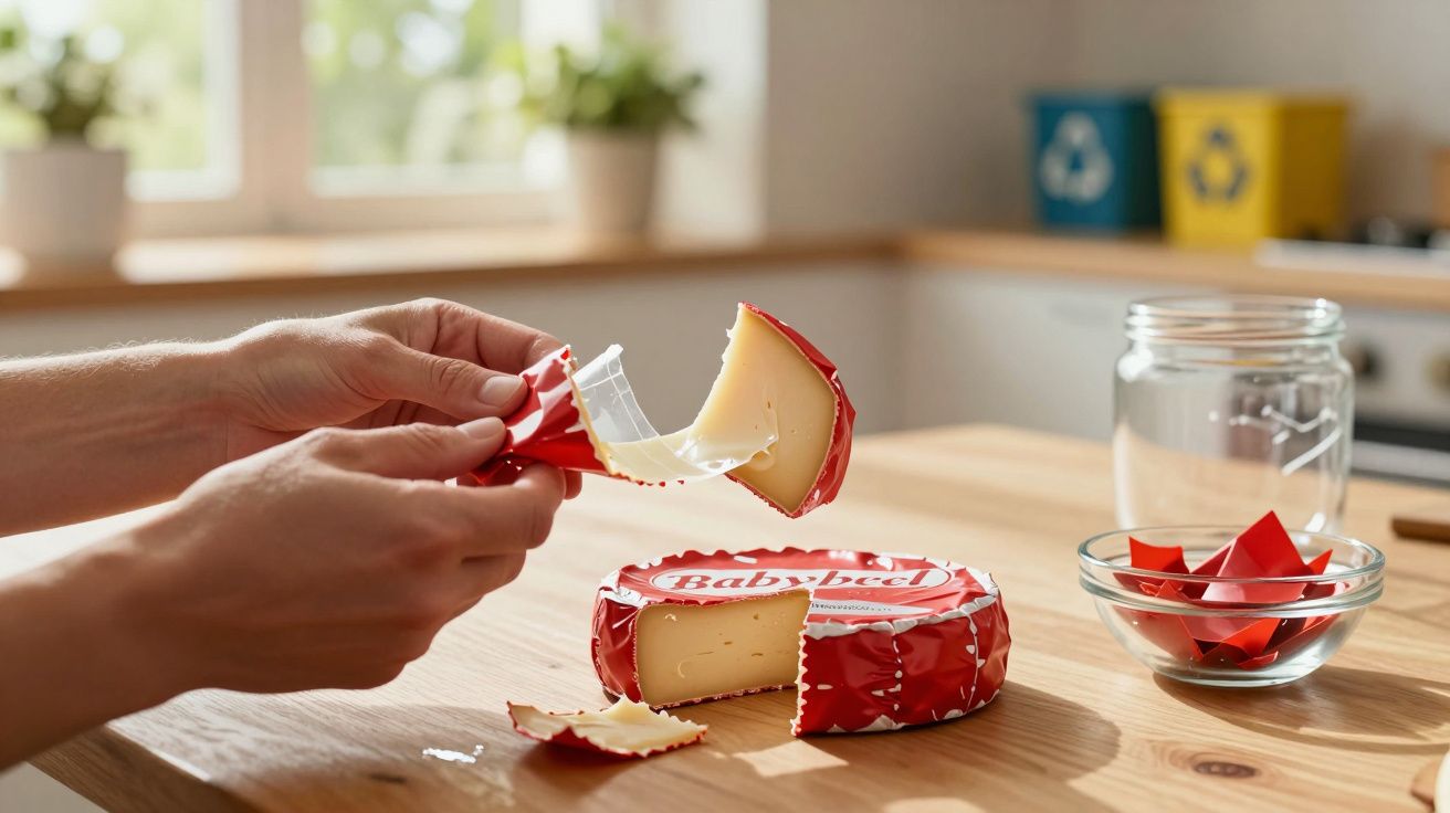 Mãos a desembrulhar um queijo Babybel com pedaço cortado, num balcão de cozinha iluminado.
