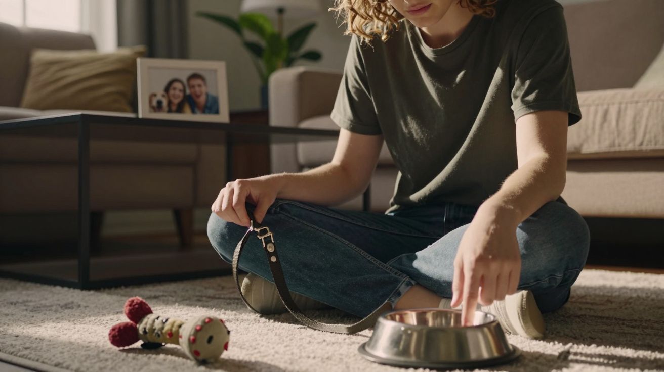 Pessoa sentada no chão a preparar um bowl de comida para cão com brinquedo e coleira ao lado.