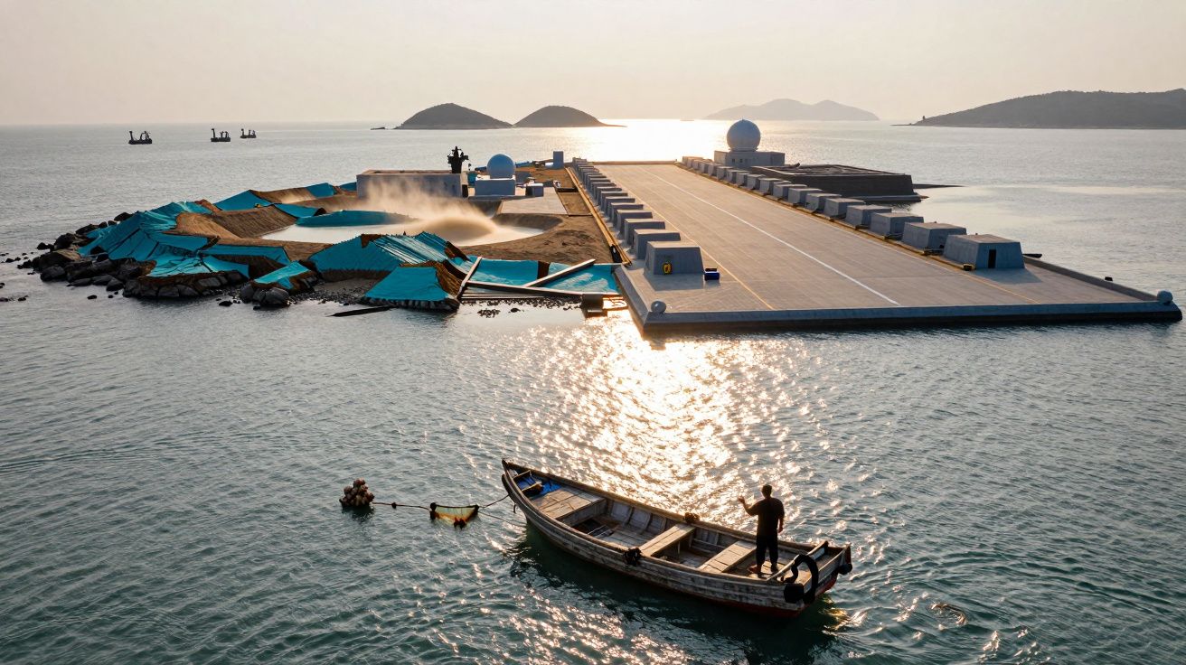 Barco de madeira com pessoa a remar junto a estrutura artificial no mar ao pôr do sol com ilhas ao fundo.