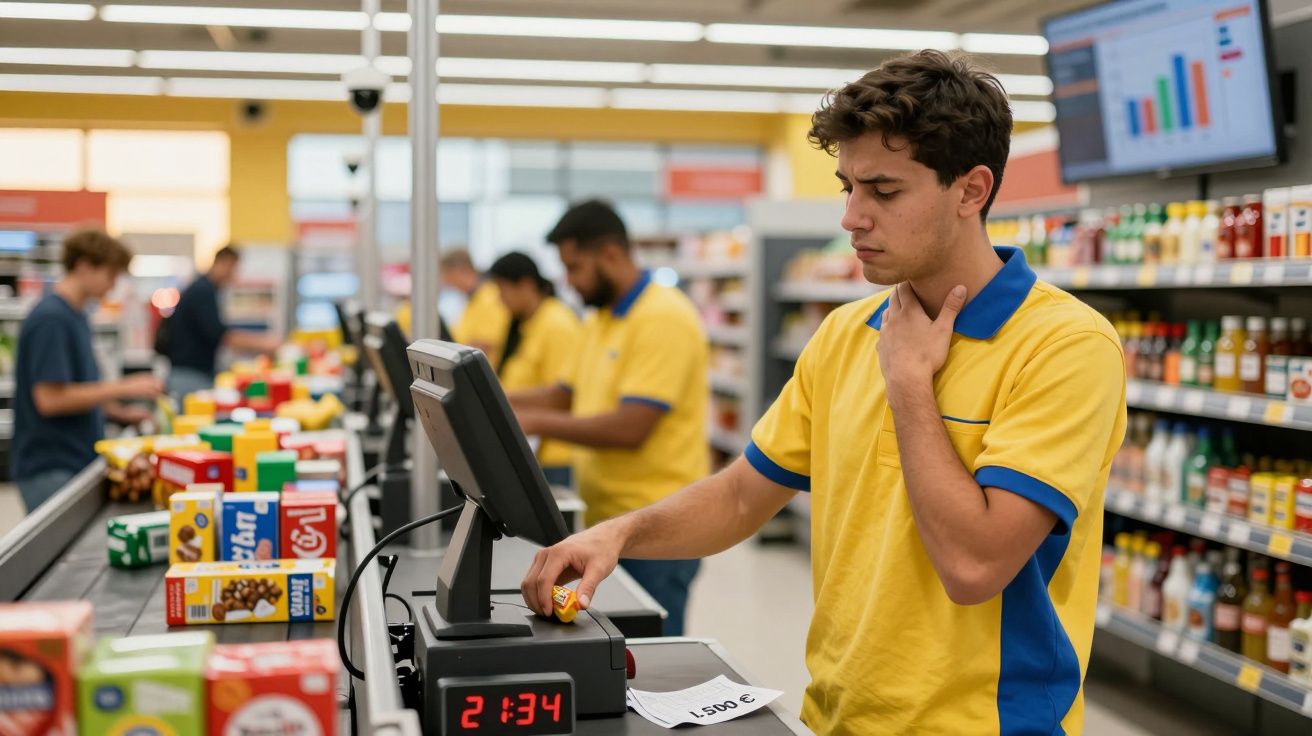 Funcionário de supermercado a olhar preocupado para o caixa enquanto passa produtos na linha.