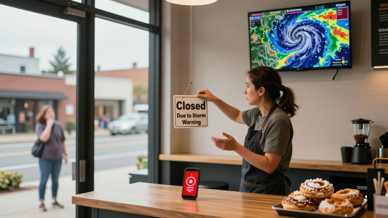 Funcionária de pastelaria a fechar o estabelecimento devido a aviso de tempestade mostrado na televisão.
