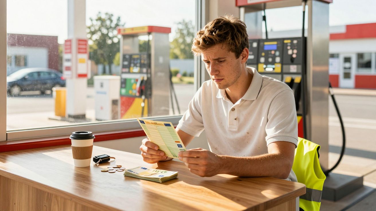 Homem sentado numa bomba de gasolina a olhar para dinheiro e documentos sobre a mesa de madeira.