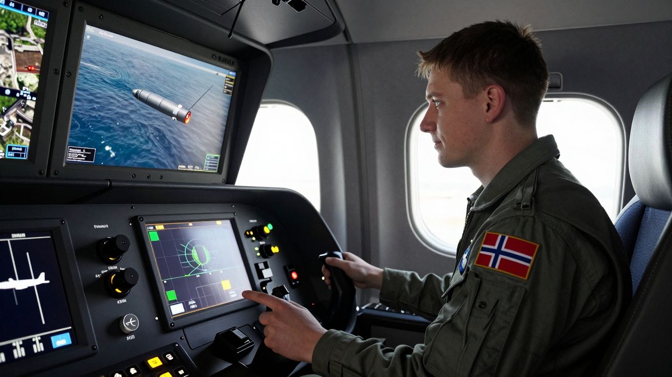 Homem com uniforme militar e bandeira da Noruega opera controles e monitores dentro de uma cabine de comando.