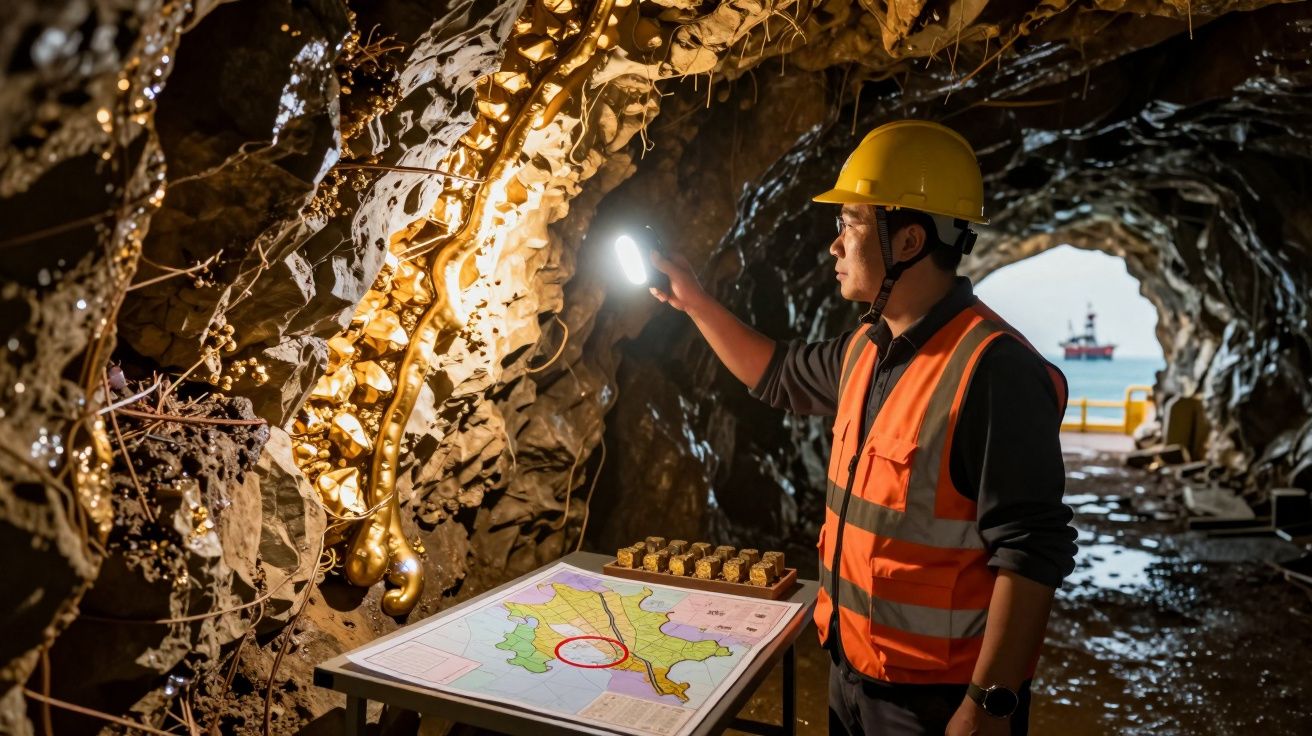 Homem com capacete e colete reflector examina parede rochosa de mina iluminada por lanterna portátil.