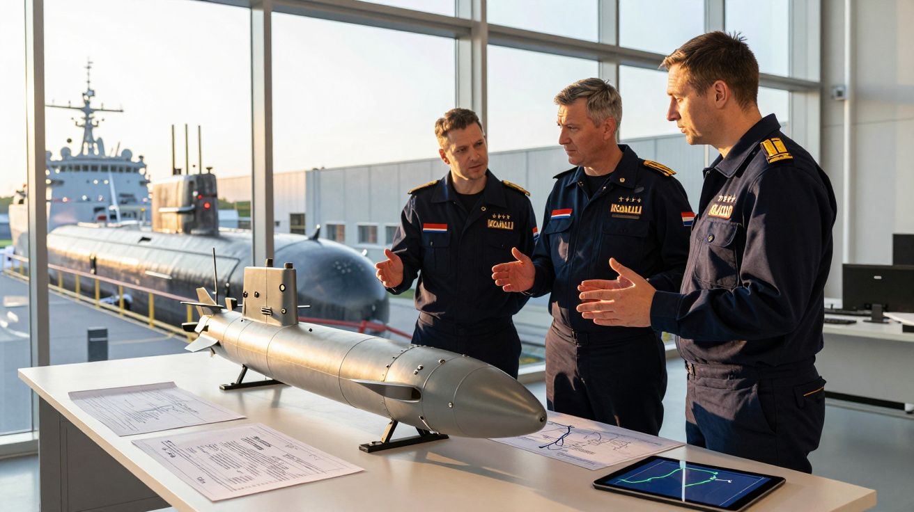 Três homens em uniformes militares discutem modelo de submarino numa sala com vista para um submarino real.