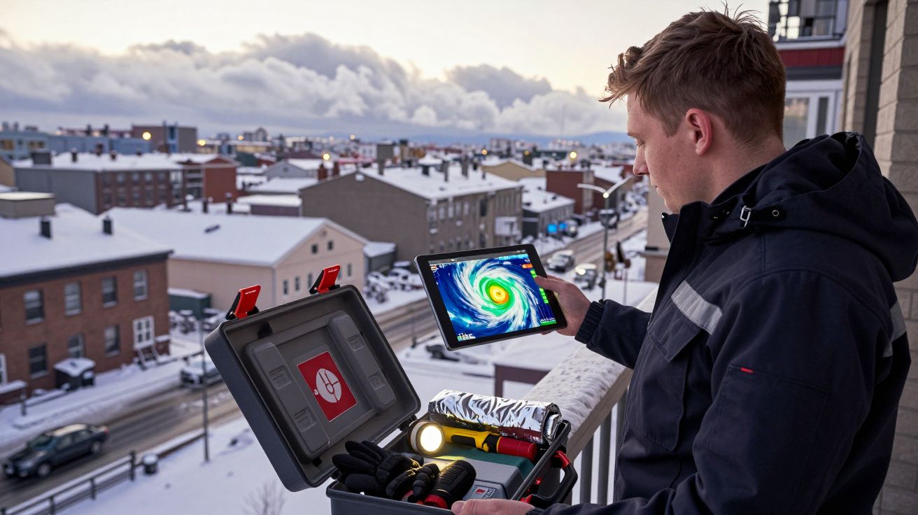 Homem com casaco a consultar previsão de furacão num tablet, segurando equipamento de emergência na varanda.