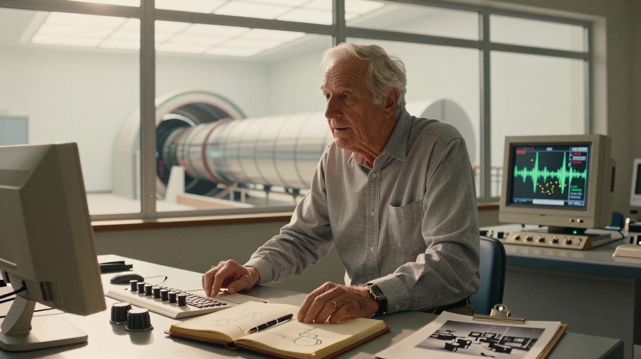 Homem idoso a trabalhar em laboratório com equipamentos tecnológicos e desenhos técnicos à sua frente.