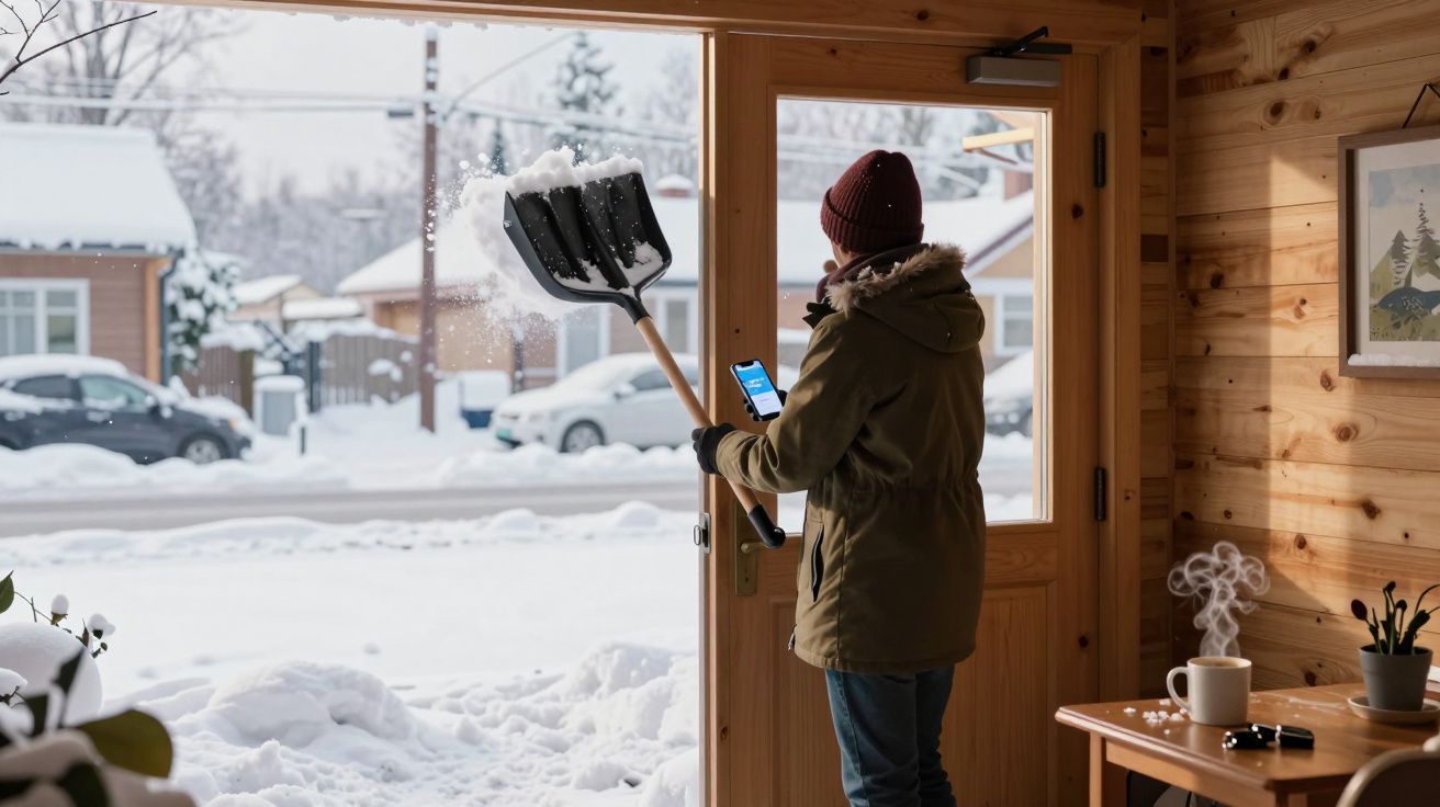 Pessoa em casaco e gorro a limpar neve da porta de casa com pá, segurando telemóvel, interior de madeira.