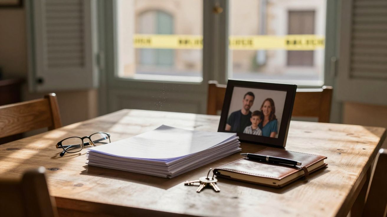 Mesa de madeira com documentos, óculos, porta-retrato, caderno, caneta e chaves junto a janela iluminada.