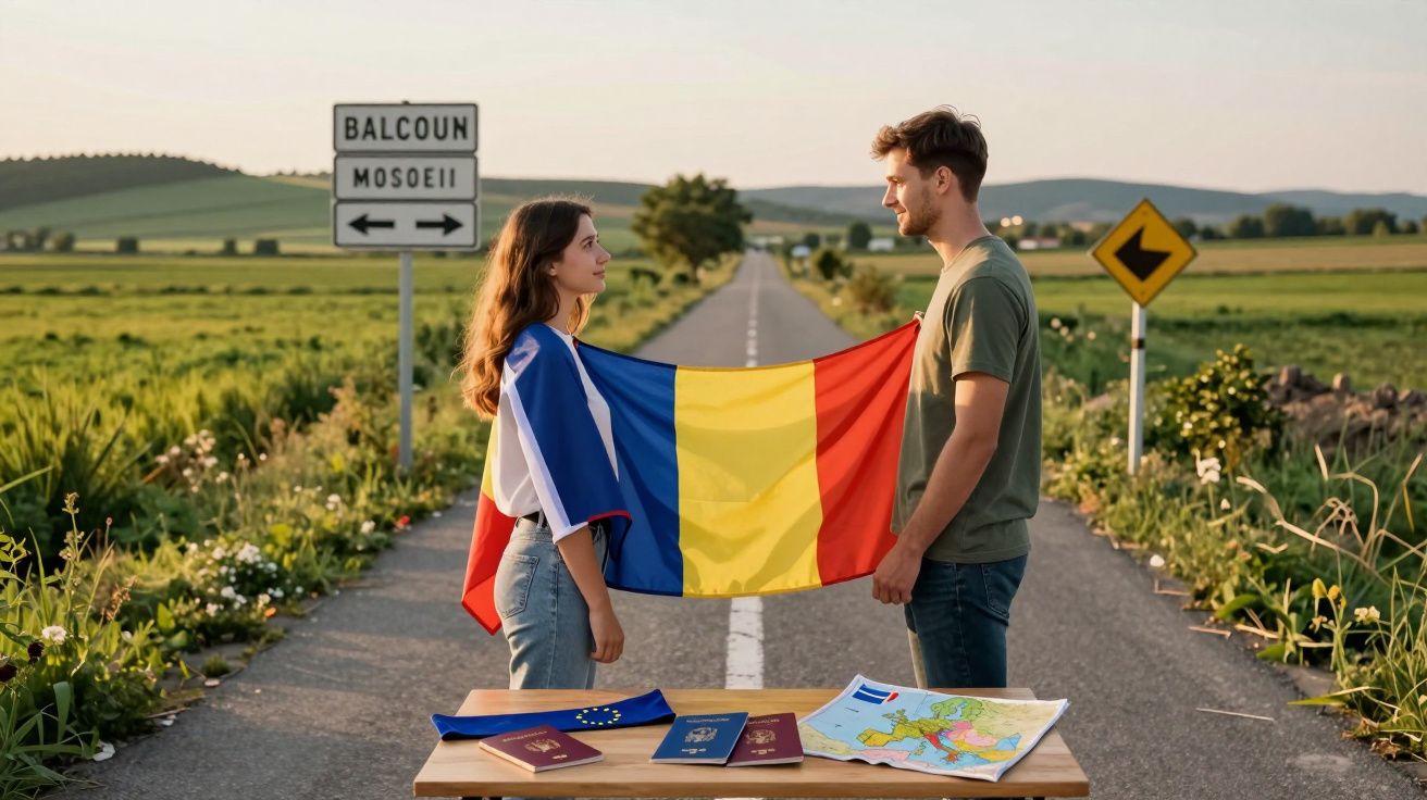 Jovem casal enfrenta-se segurando a bandeira da Roménia numa estrada rural com mapas e passaportes sobre uma mesa.