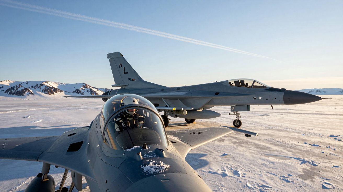 Dois caças F-16 estacionados numa paisagem nevada com céu claro ao entardecer.