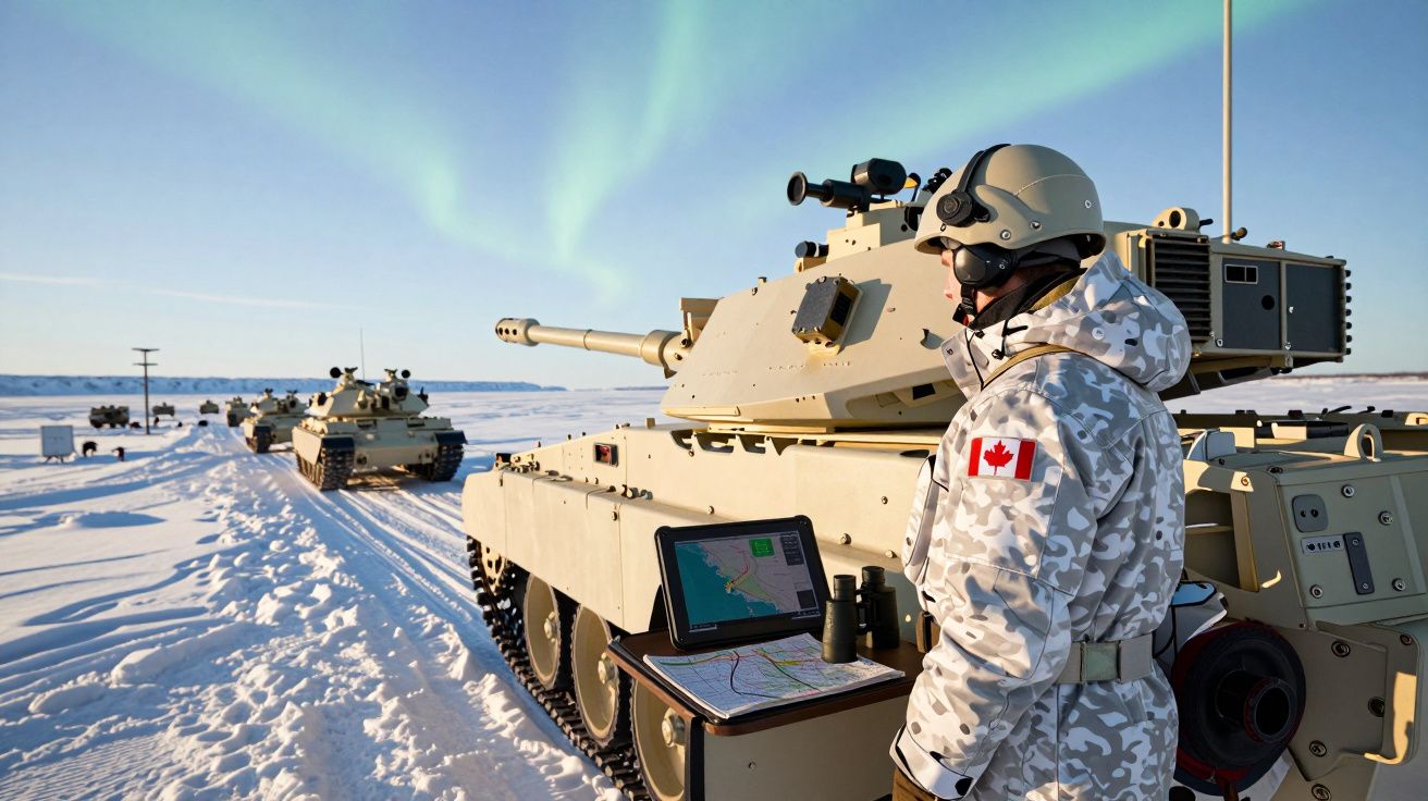 Soldado canadiano em uniforme camuflado branco junto a carro de combate em terreno coberto de neve.
