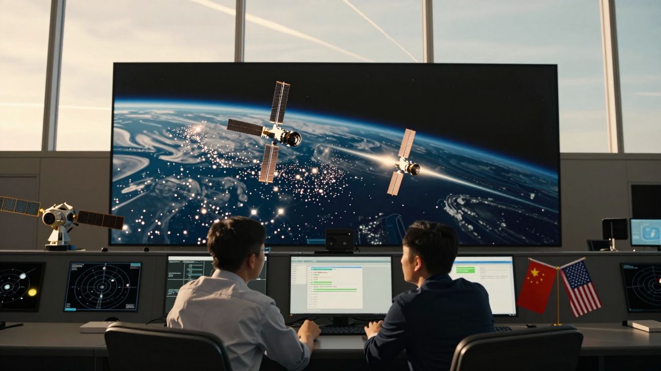 Dois técnicos em centro de controlo espacial observam satélites em ecrã gigante com bandeiras da China e EUA.
