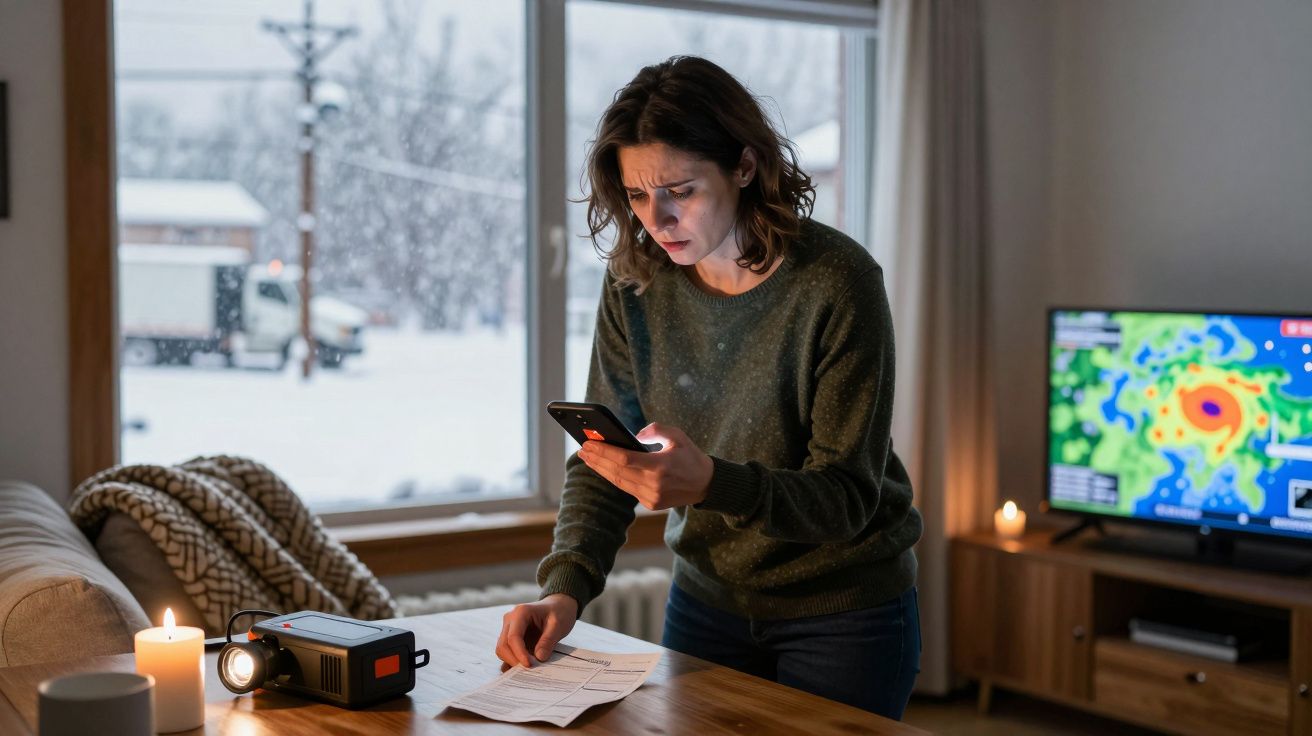 Mulher em casa preocupada, lê contas com luz de lanterna e vê alerta de tempestade na televisão.