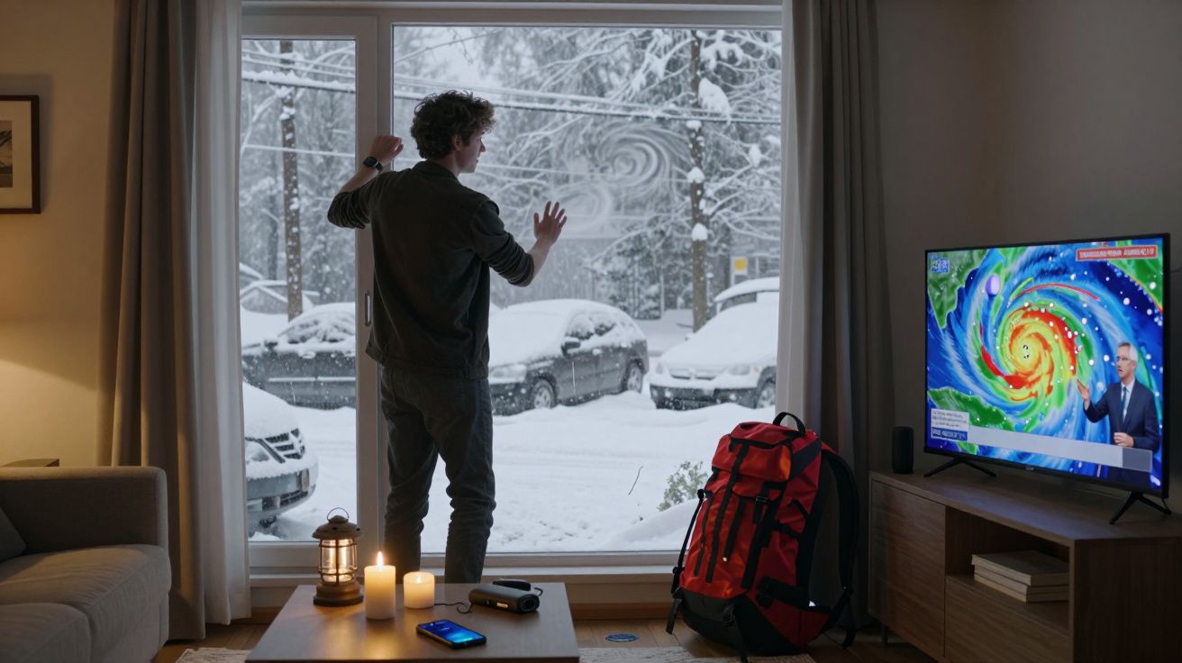 Homem de pé junto a janela a observar tempestade de neve lá fora, com velas acesas e TV ligada no interior.