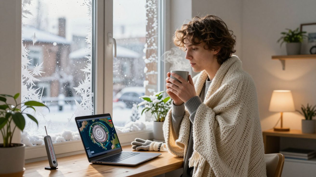 Pessoa com manta toma bebida quente junto à janela com paisagem nevada e portátil numa mesa com plantas.